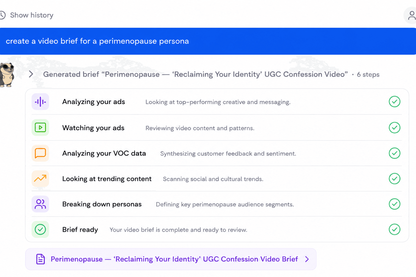 Yolodex generating a shoot-ready creative brief from a chosen angle